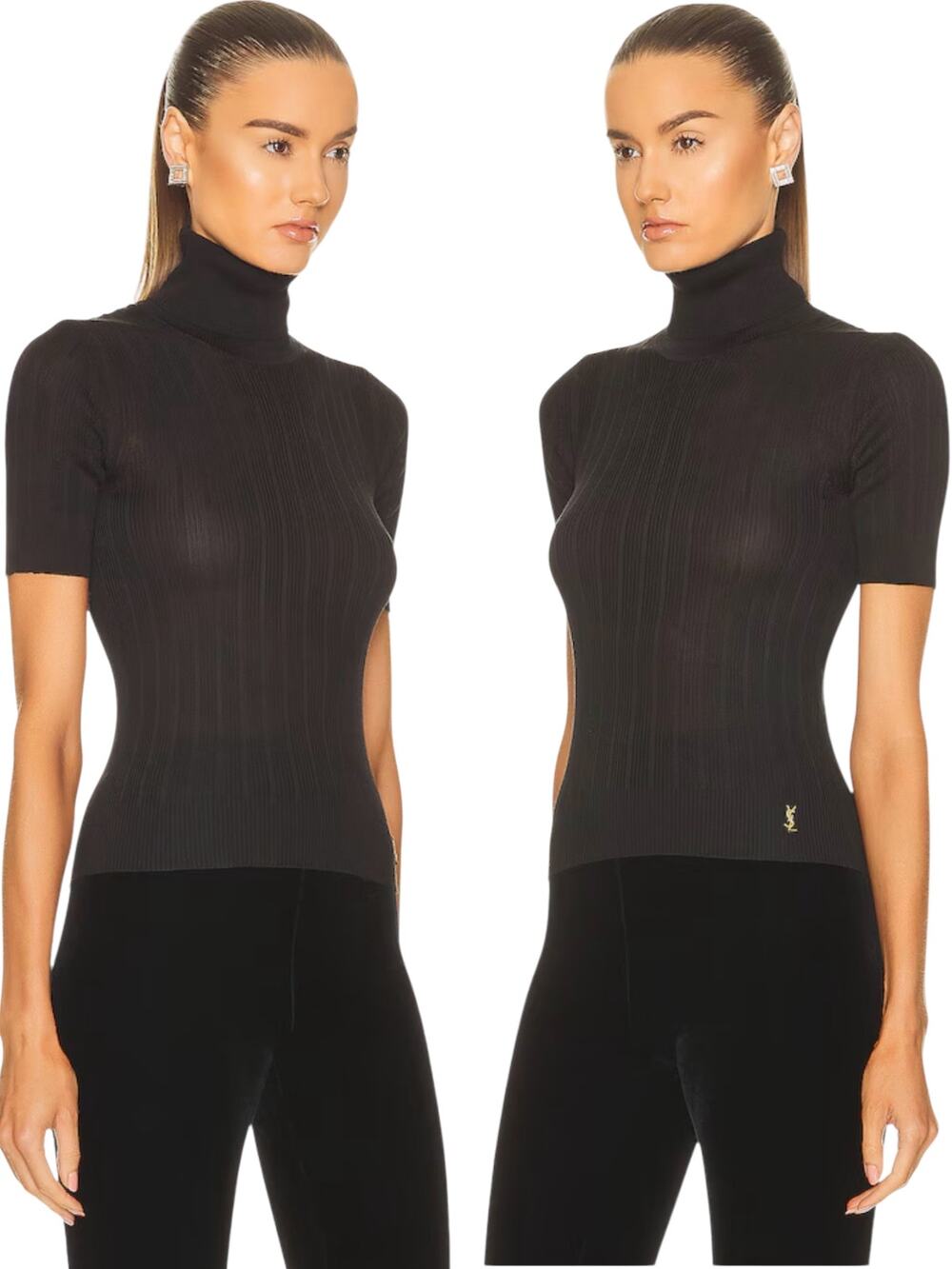 New Saint Laurent Silk Turtleneck Ribbed Short Sleeve Sweater Black Size XS